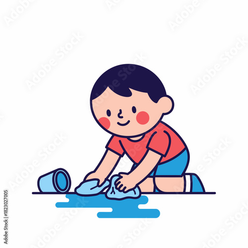 Cute cartoon boy cleaning up a spilled drink with a cloth.
