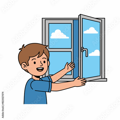Happy young boy opening a window on a sunny day.