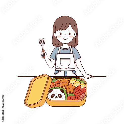 Cute cartoon woman preparing a delicious bento box lunch with fun food shapes.