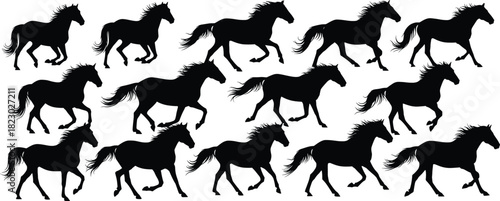 Horse silhouettes, galloping horses, running horse poses, equestrian design, animal motion, horse illustration, wild horses, horse artwork, animal locomotion, silhouette
