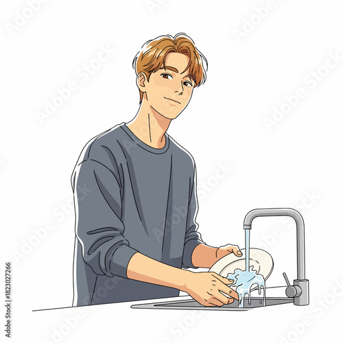 Young man washing dishes in a kitchen sink.