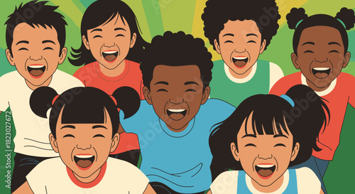 An illustration capturing a diverse group of happy children from various backgrounds, all laughing together with genuine joy and enthusiasm.