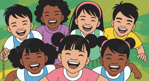 A vibrant, diverse group of happy children from various backgrounds joyfully laughs together, illustrating friendship, unity, and the pure essence of youth.