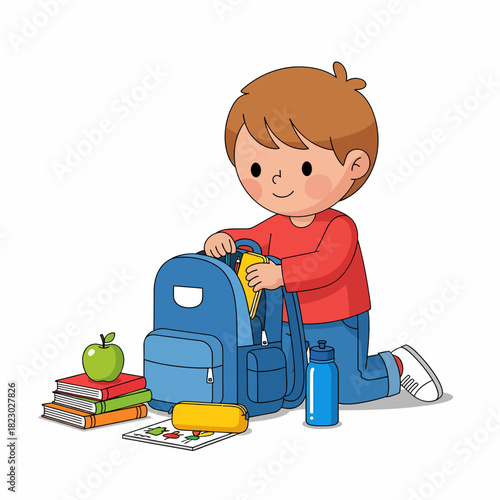 Young boy carefully packing his blue backpack with school supplies for the day.