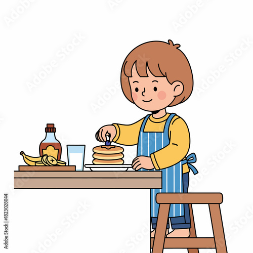 Child Preparing Pancakes at Table with Syrup and Bananas.