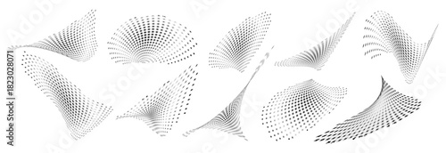 Halftone distorted effect shapes perspective dot black and white abstract background vector illustration graphic decoration design texture concept. 