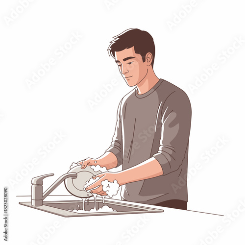 Man washing dishes in a kitchen sink with soap suds.