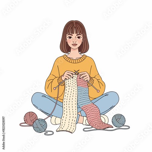 Woman knitting with yarn balls, focused on the craft, creating a colorful textile.