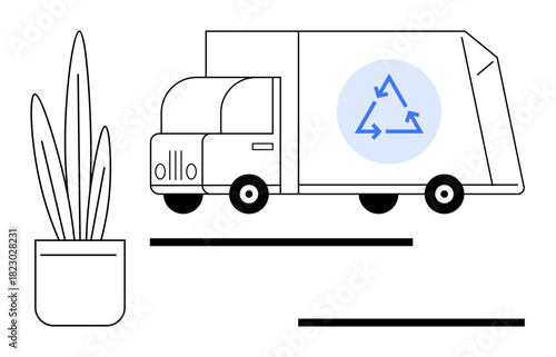 Recycling truck carrying sustainability message next to a plant in a pot. Ideal for recycling, eco-transport, sustainability, waste management, environmental awareness, green living, simple flat
