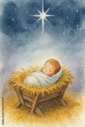 watercolor baby born on christmas night background