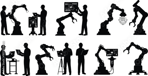 Human and robotic arm collaboration, industrial automation, factory technology, teamwork concept, engineering silhouettes, modern industry, machine control, innovation, future work