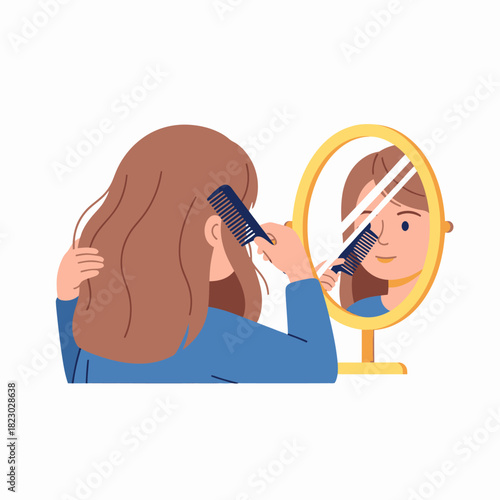 Woman Combing Her Long Brown Hair In Front Of A Mirror.