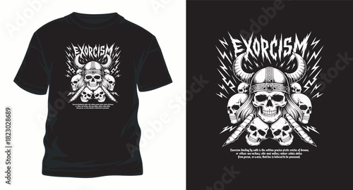 Exorcism vector illustration with viking skull and runes design