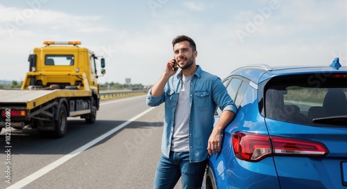 Young man talking on mobile phone near blue car with yellow tow truck in background. Roadside assistance and vehicle insurance concept
