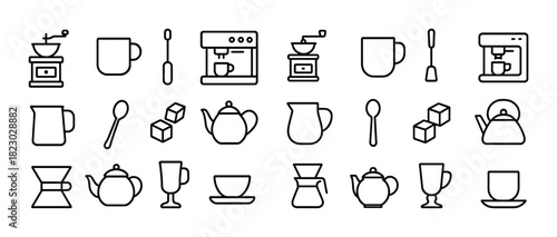 Coffee and tea icons collection: grinder, mug, kettle, espresso machine, spoon