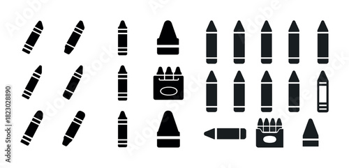 Black and white crayon icons set: stylized art supplies collection