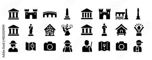 Icon set featuring monuments, landmarks, statues, cameras, and tourists