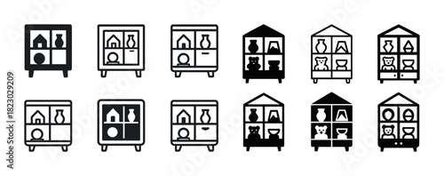 Collection of household cabinet icon variations in black and white