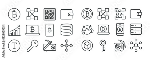 Minimalist cryptocurrency icons: bitcoin, blockchain, wallets, charts, mining equipment