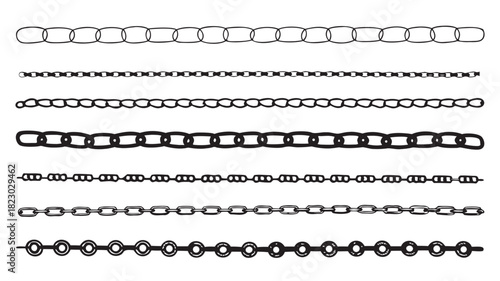 Assortment of Black Chains in Multiple Styles, Illustration Displaying Robust Connectors and Decorative Pieces Used for Fastening and Enhancement vector. 