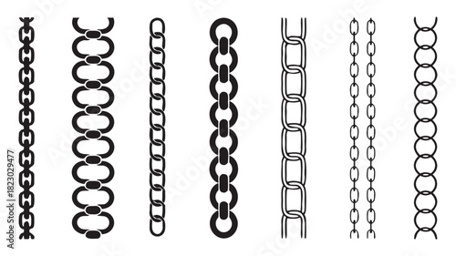 Selection of Metallic Chains in Various Designs, Illustration of Industrial Connectors and Ornamental Components Employed in Binding and Adornment. 