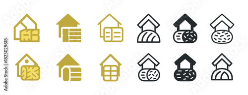 Variety of house and farm icons in gold and black styles