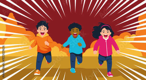 A dynamic illustration depicts three diverse, happy children energetically running forward with beaming smiles, set against a vibrant, radiating background.
