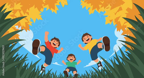Three joyful children leap high into the bright blue sky, surrounded by vibrant green grass and golden autumn foliage, celebrating carefree outdoor play.
