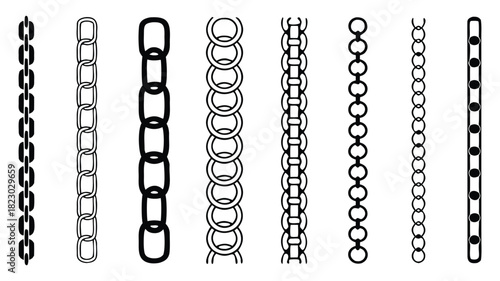 Chain collection vector illustration with various designs and lengths in black outline concept for decorative elements, jewelry, and more styles.