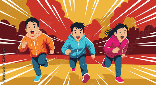 A vibrant illustration captures three happy kids running together, full of youthful energy and competitive spirit, against a dynamic backdrop.
