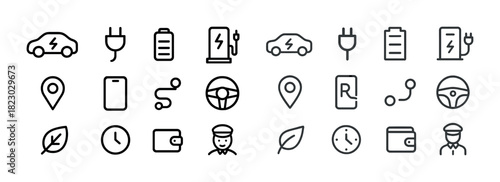 Electric vehicle icons set: charging, eco-friendly, navigation, and connectivity symbols