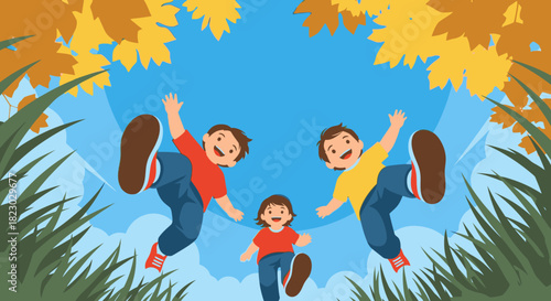 Three joyful children, seen from a low-angle perspective, are happily jumping and playing outdoors amidst vibrant autumn foliage and green grass under a bright blue sky.