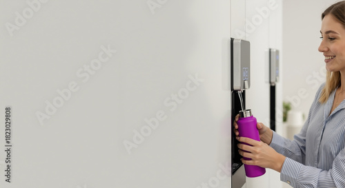 Smiling woman filling a purple reusable bottle at a water dispenser. Office worker hydrating with fresh water. Copy space for text