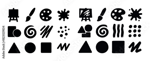 Artistic tools silhouette icons: easel, paintbrush, palette, splatter, shapes