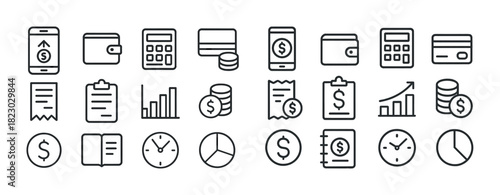 Set of finance icons: wallet, calculator, coin, chart, dollar
