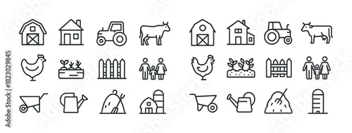 Farm icons set: barns, animals, tools, family in minimalist style