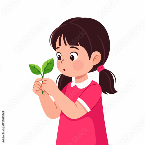 Young girl examines fresh green leaves with curiosity and wonder.