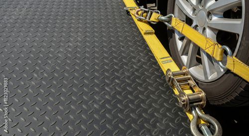 Yellow ratchet strap securing a car wheel on a metal trailer floor. Vehicle towing and transport safety concept with copy space