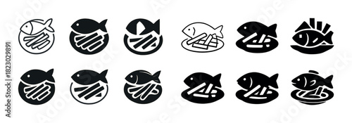 Monochrome fish and chips icons set in various styles