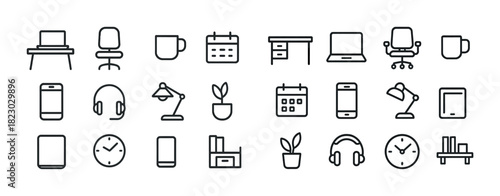 Minimal workplace icons featuring office items and technology essentials