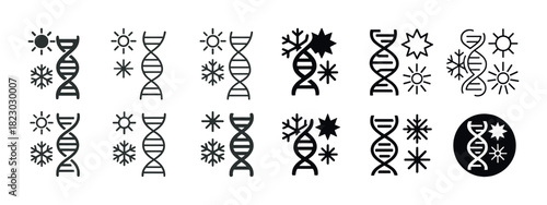 Dna and weather icons: sun, snow, and temperature symbols in monochrome design