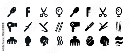 Hair styling icons set: brushes, combs, scissors, mirrors, hairdryers, curling irons