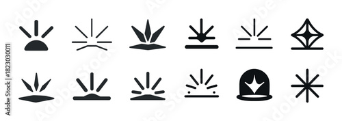 Set of black abstract sunburst icons and symbols in various geometric designs