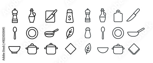 Minimalist kitchen icons: cooking utensils and ingredients line art collection