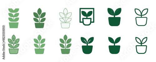 Set of twelve green plant icons in pots with various designs and styles