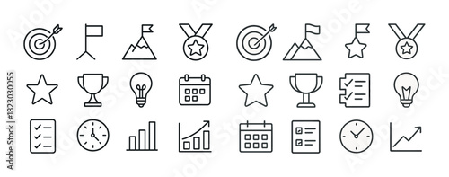 Line icons: trophies, medals, charts, calendars, targets, light bulbs