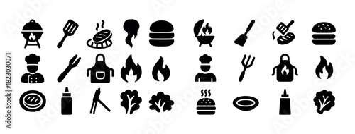 Barbecue icons set: grilling utensils, chef, apron, food, flame symbols
