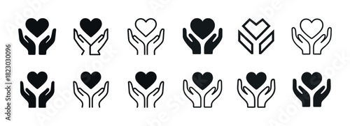 Diverse heart and hand icon set - minimalist black and white designs