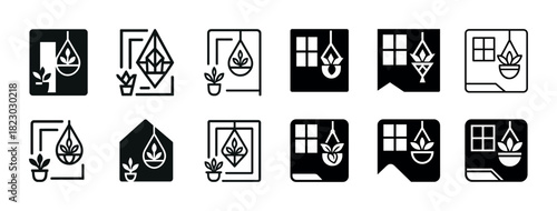 Black and white indoor plant icon set featuring geometric shapes and hanging pot