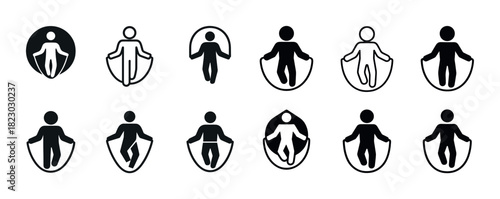 Diverse jump rope icon set: stick figures in action